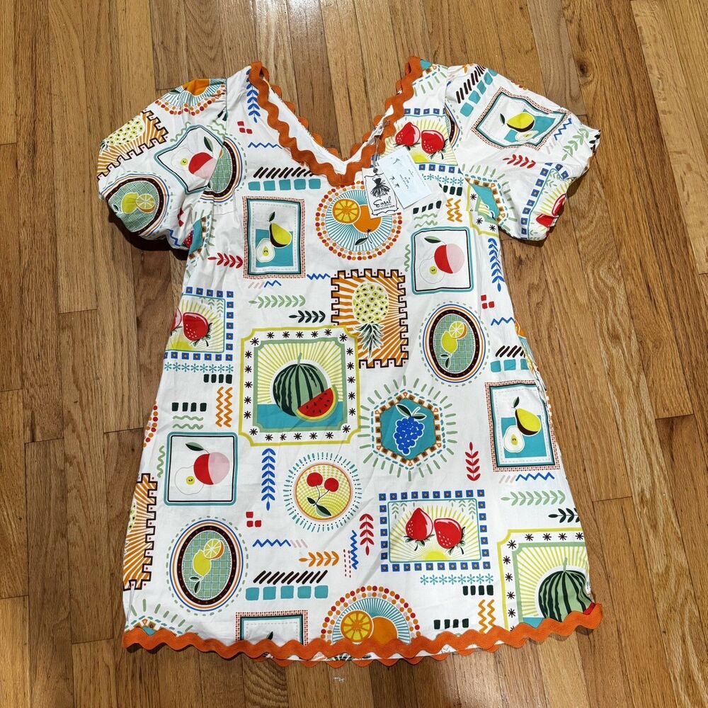 New Easel Summer Tutti Frutti Dress Med Relaxed Flowy Fruit Puff Sleeve Summer